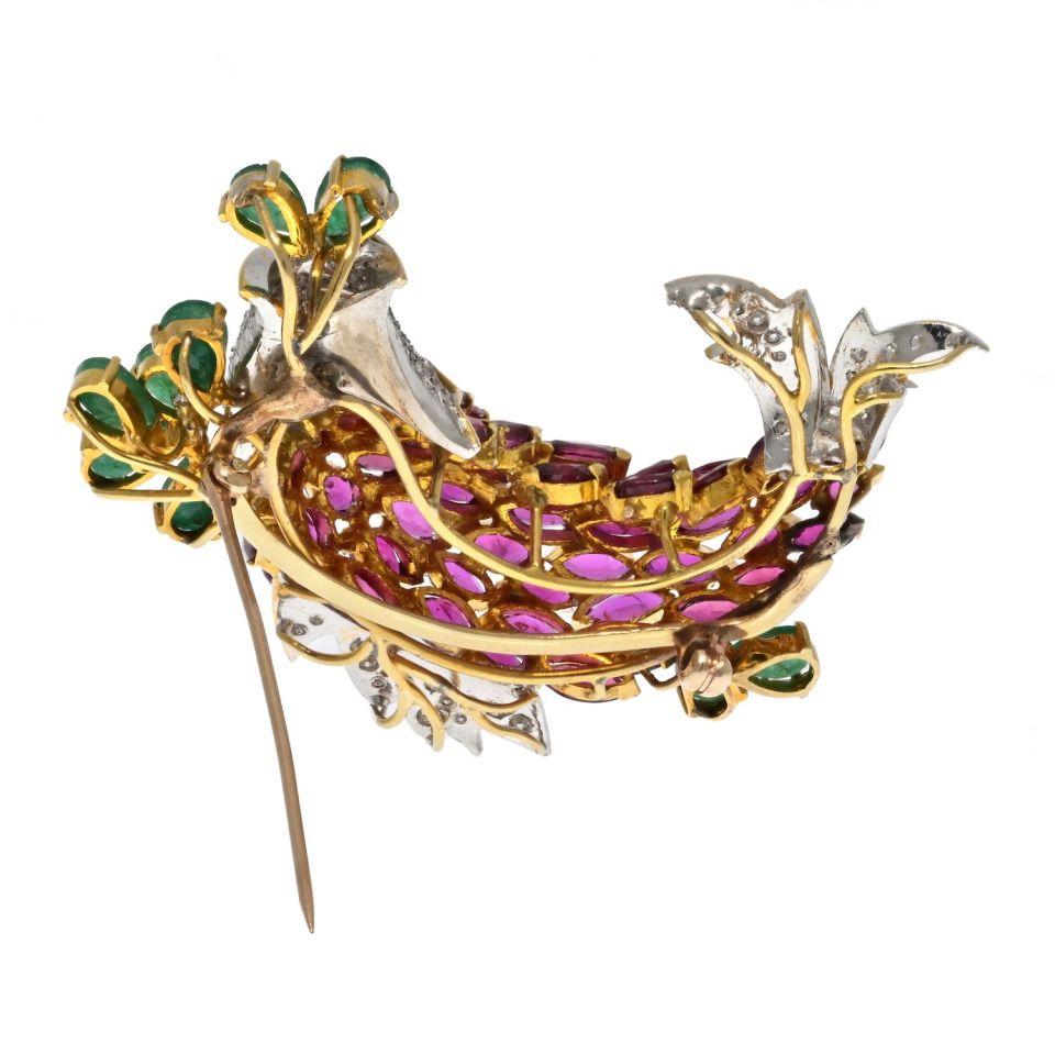 18K Two Tone Ruby, Diamond and Emerald Fish Brooch