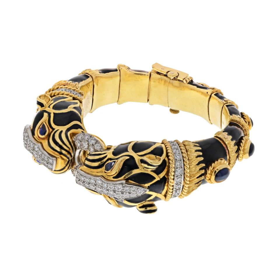 David Webb Platinum & 14K Yellow Gold Double Lion Black Enamel Sapphire Eyes Diamonds Bracelet