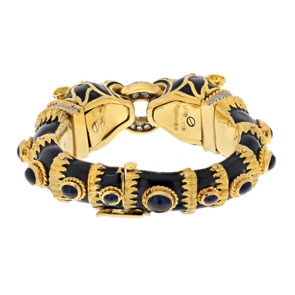 David Webb Platinum & 18K Yellow Gold Double Lion Black Enamel Sapphire Eyes Diamonds Bracelet
