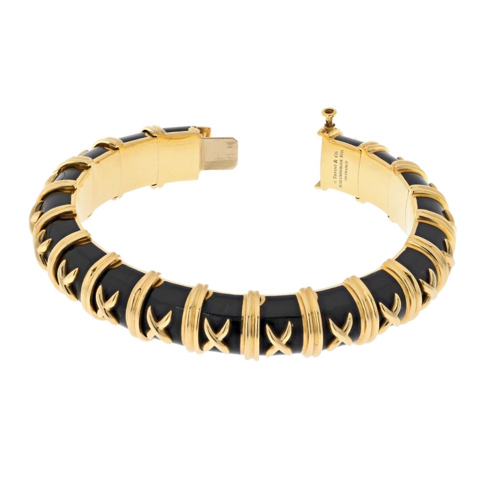 Tiffany & Co. Schlumberger Platinum & 18K Yellow Gold Croisillon Black Enamel Bracelet