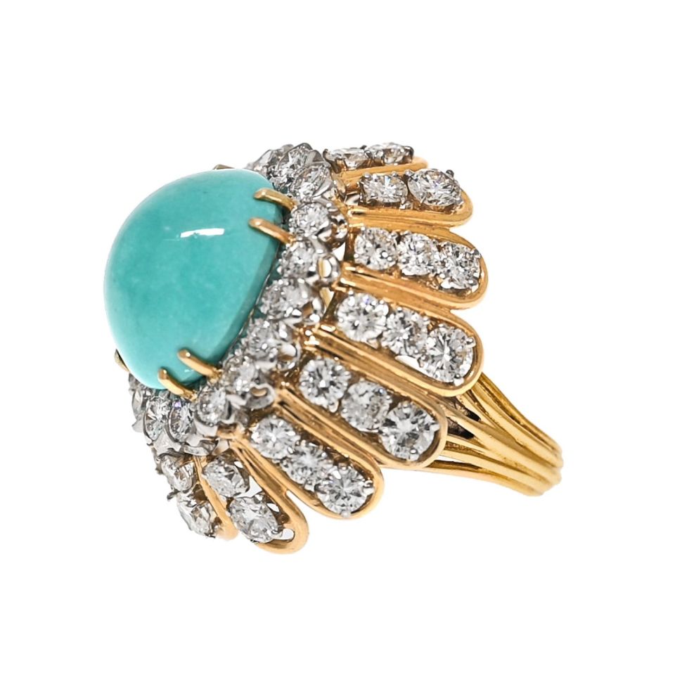David Webb Platinum & 18K Yellow Gold Cabochon Cut Turquoise And Diamond Ring