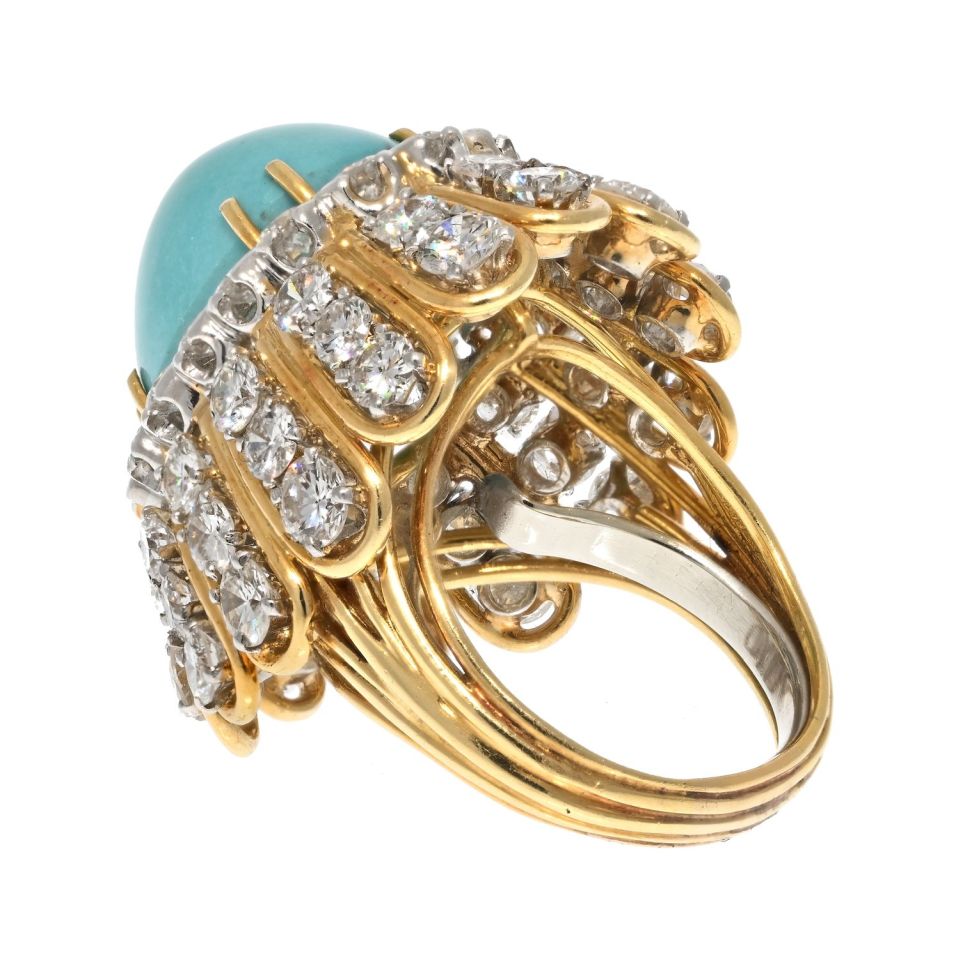 David Webb Platinum & 18K Yellow Gold Cabochon Cut Turquoise And Diamond Ring