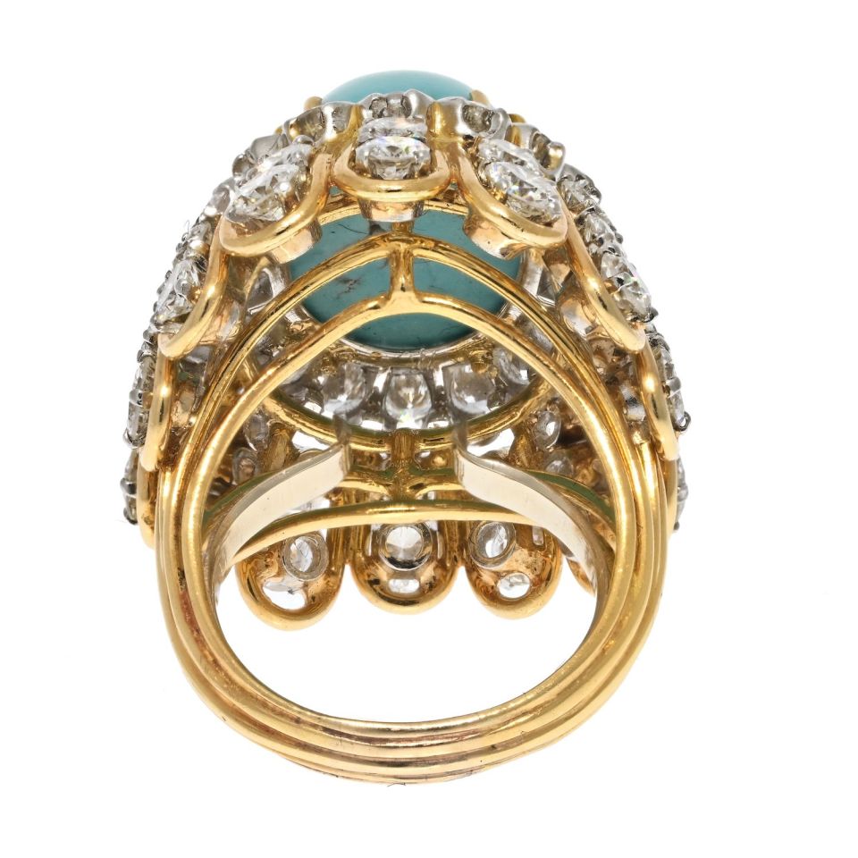 David Webb Platinum & 18K Yellow Gold Cabochon Cut Turquoise And Diamond Ring