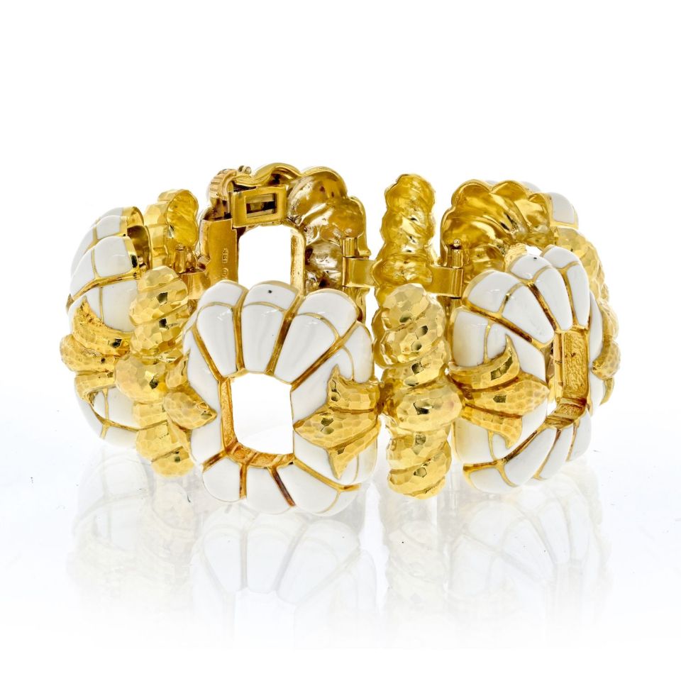 David Webb Platinum & 18K Yellow Gold White enamel Open Link Bracelet