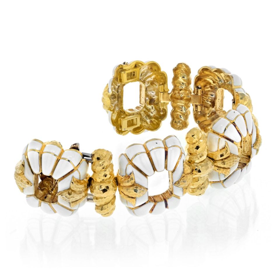 David Webb Platinum & 18K Yellow Gold White enamel Open Link Bracelet