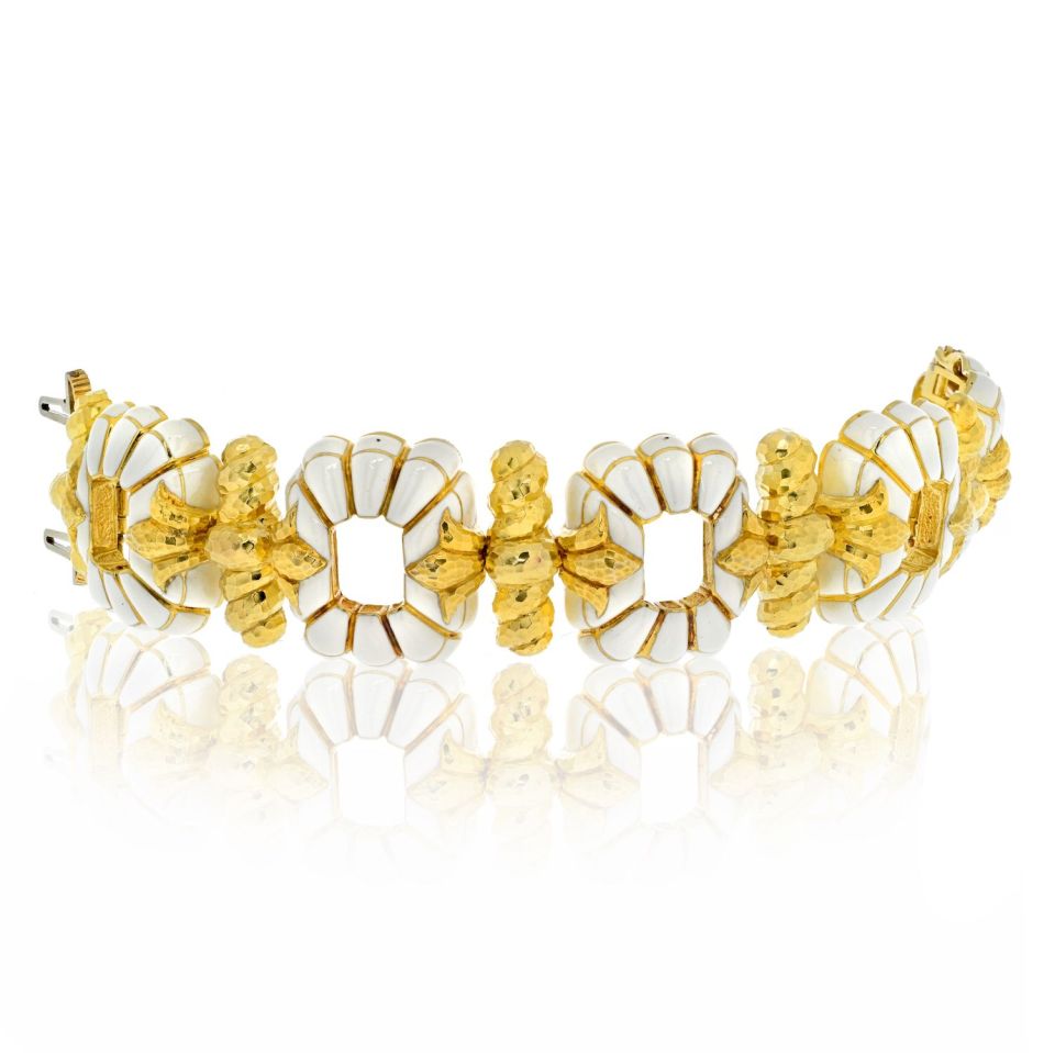David Webb Platinum & 18K Yellow Gold White enamel Open Link Bracelet