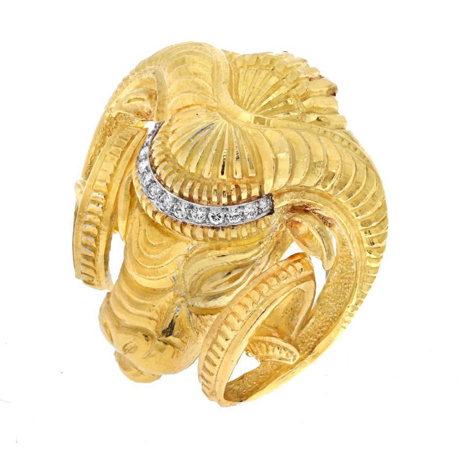 David Webb Platinum & 18K Yellow Gold Ram Diamond Head Brooch