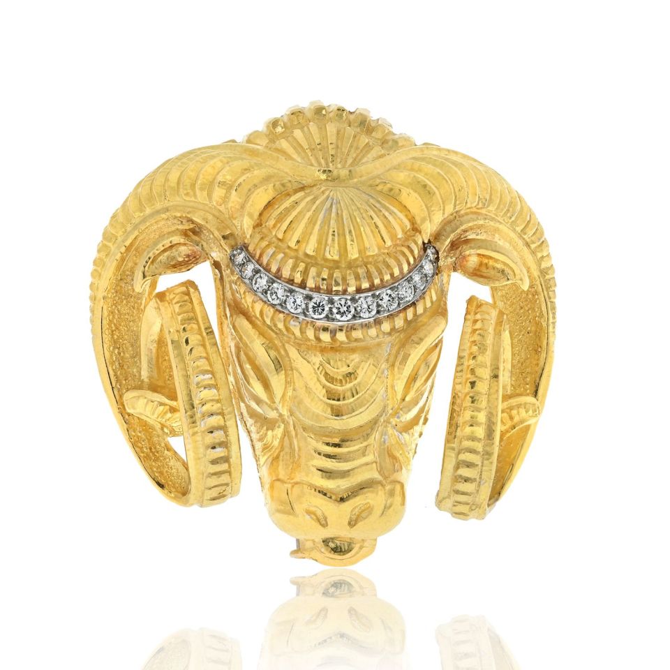 David Webb Platinum & 18K Yellow Gold Ram Diamond Head Brooch