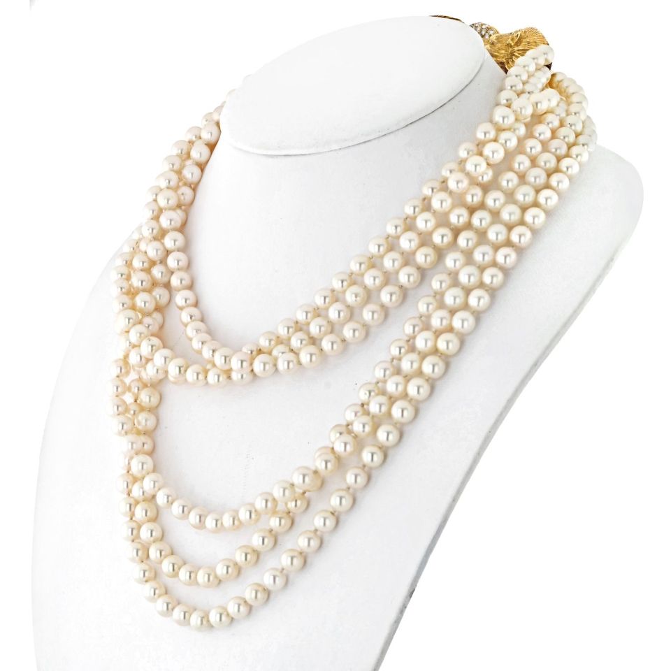 Graff 18K Yellow Gold Multi Strand Pearl Double Lion Necklace