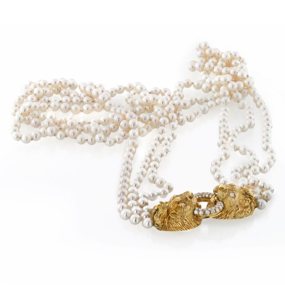 Graff 18K Yellow Gold Multi Strand Pearl Double Lion Necklace