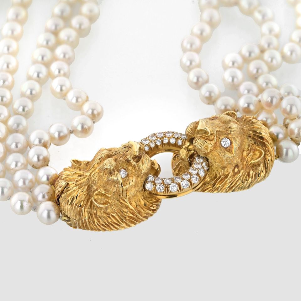 Graff 18K Yellow Gold Multi Strand Pearl Double Lion Necklace