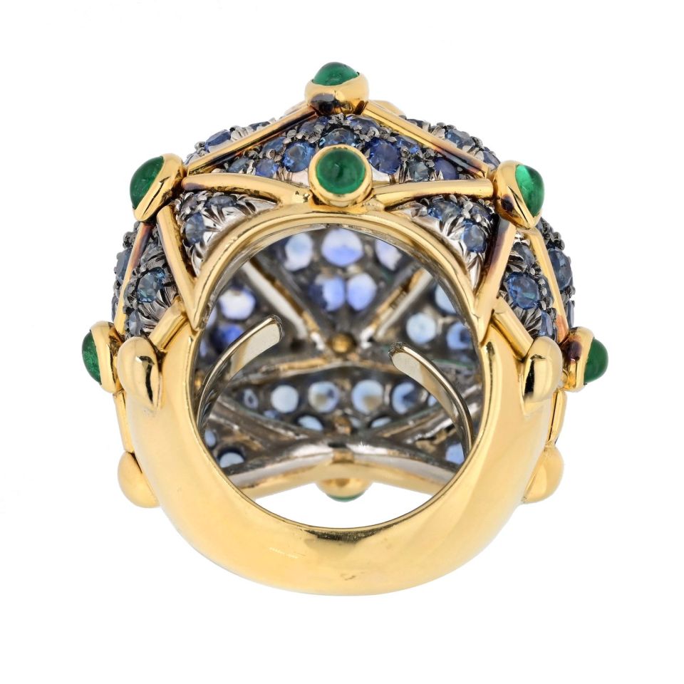 David Webb Platinum & 18K Yellow Gold Geodesic Dome Emerald & Sapphire Ring
