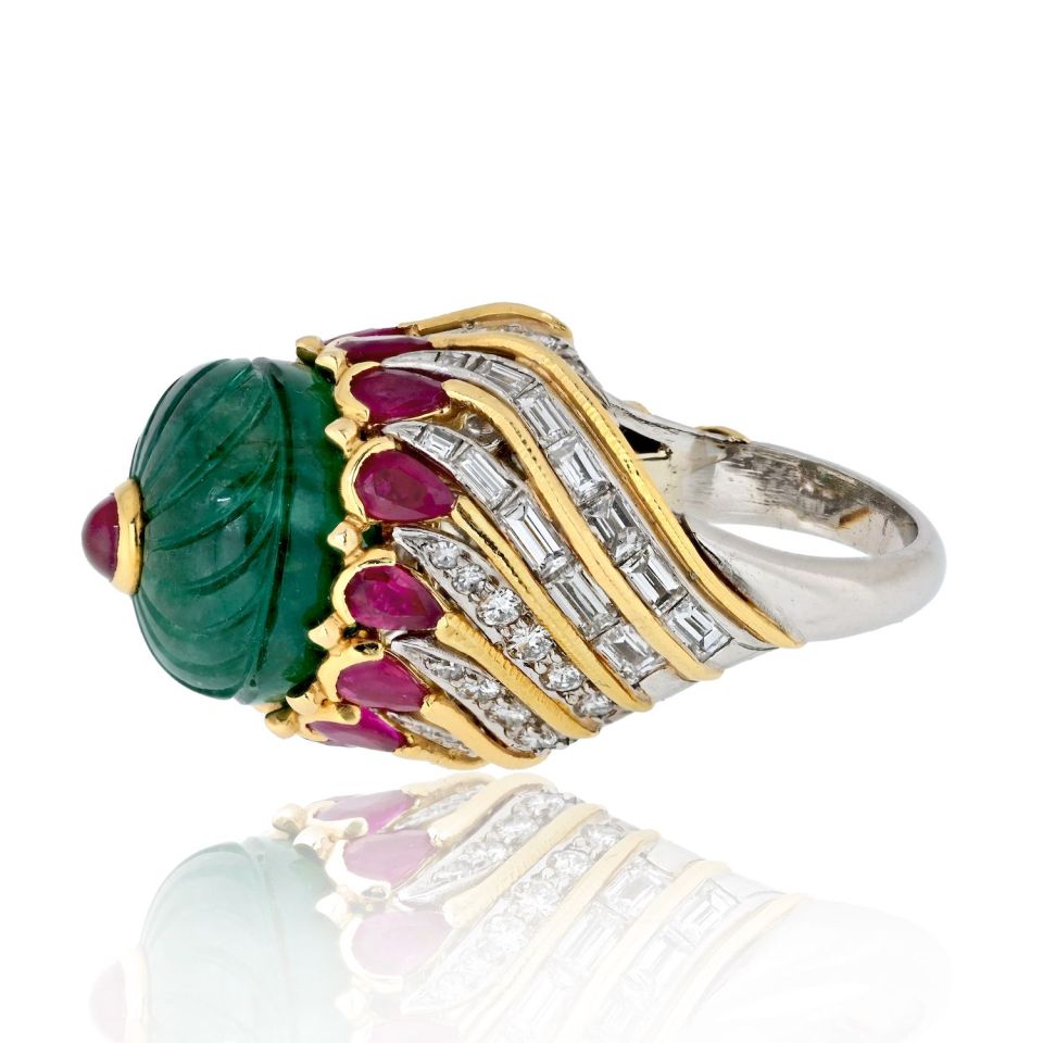David Webb Platinum & 18K Yellow Gold Mughal Carved Emerald And Ruby Ring