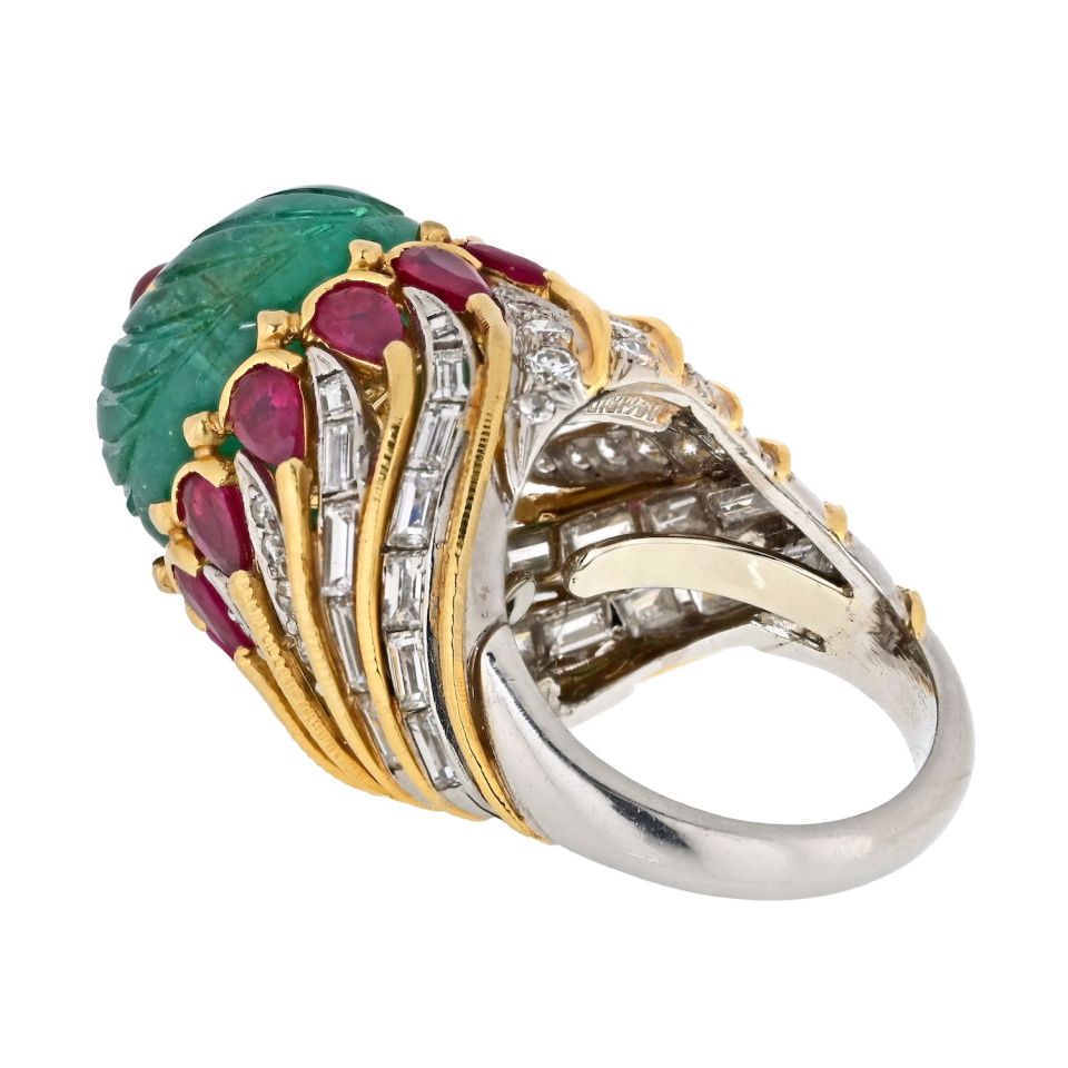 David Webb Platinum & 18K Yellow Gold Mughal Carved Emerald And Ruby Ring