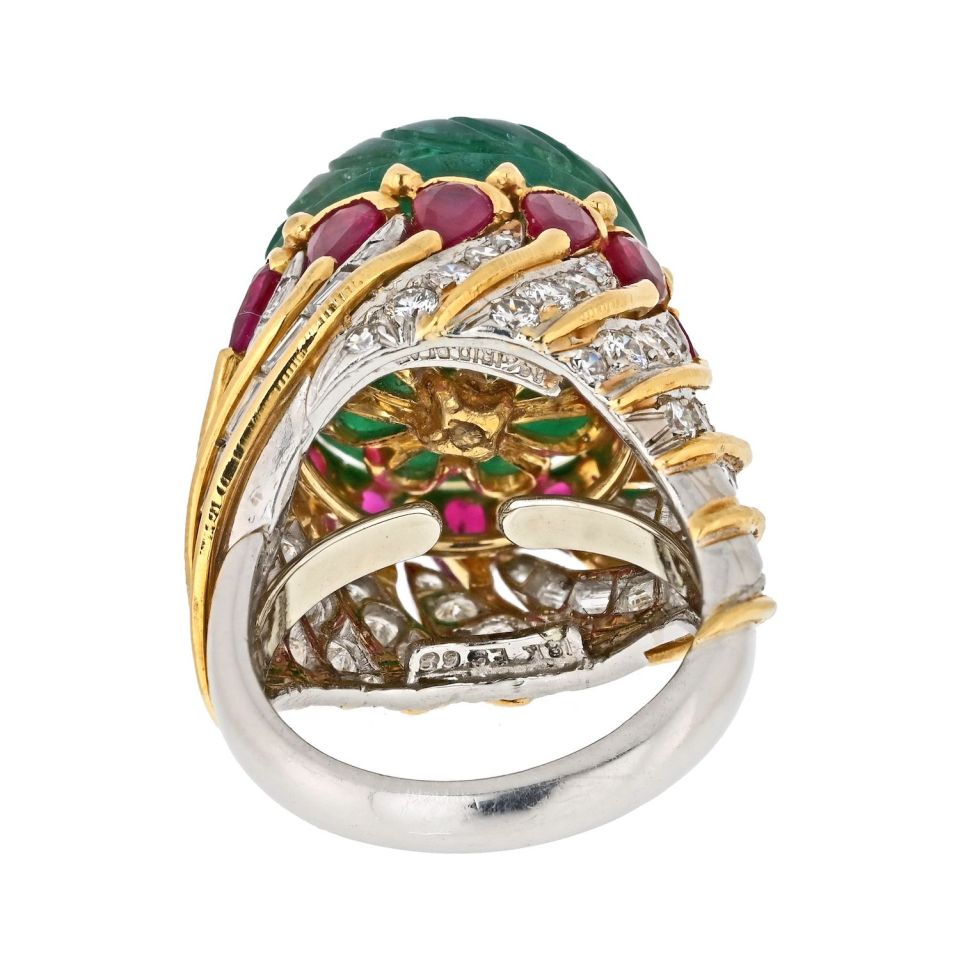 David Webb Platinum & 18K Yellow Gold Mughal Carved Emerald And Ruby Ring