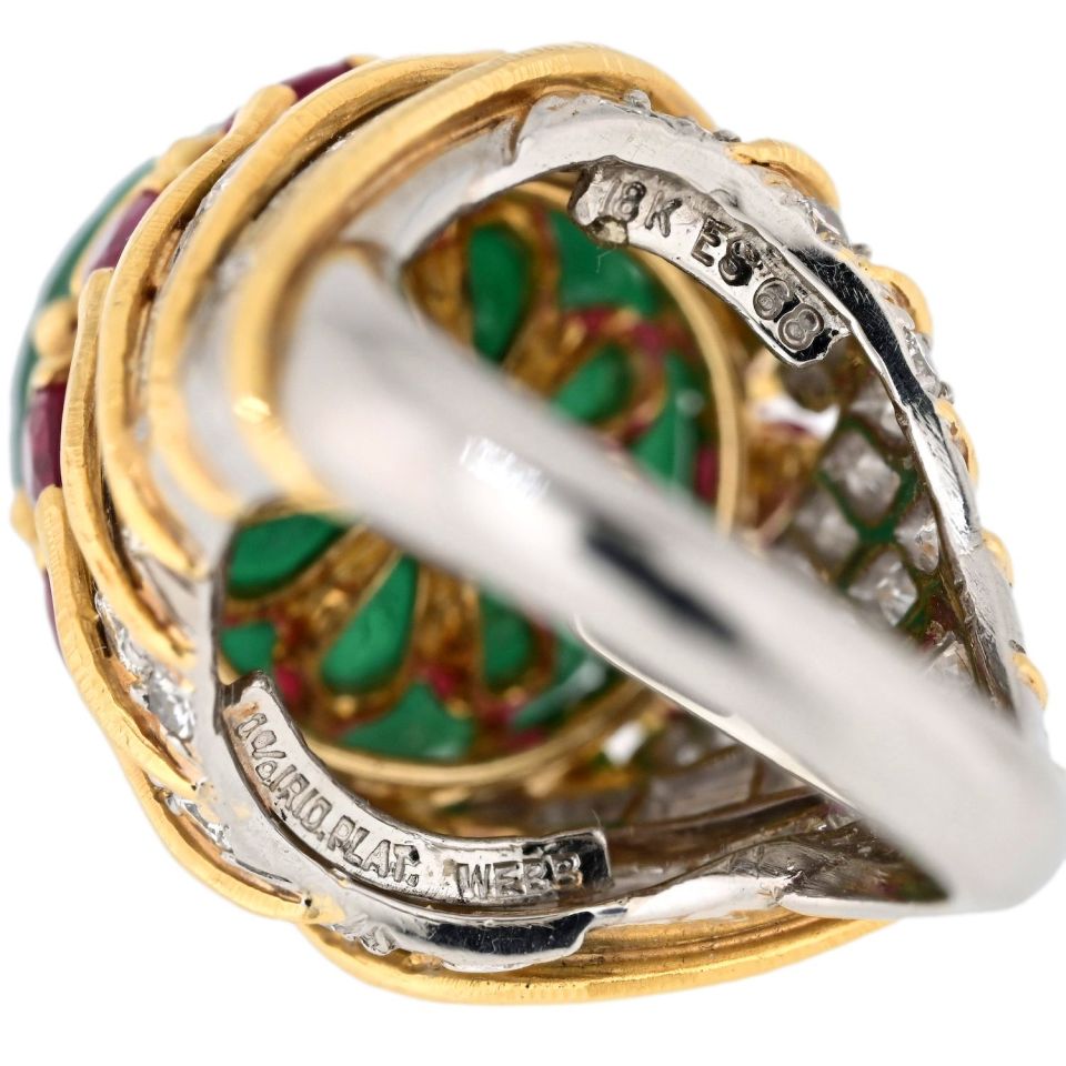 David Webb Platinum & 18K Yellow Gold Mughal Carved Emerald And Ruby Ring