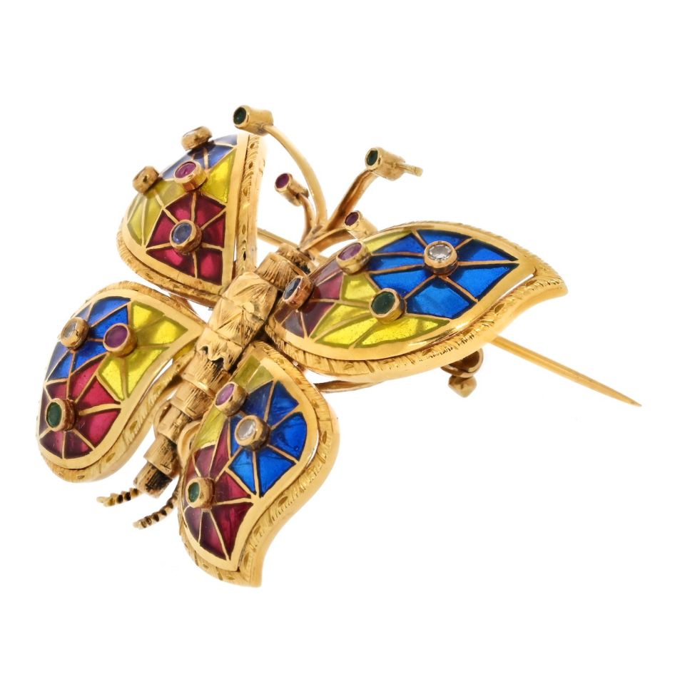 18K Yellow Gold Enamel Butterfly Brooch