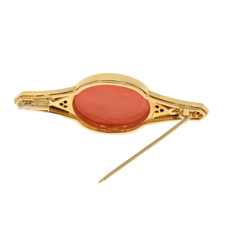 Bvlgari 18K Yellow Gold Coral, Black Enamel And Diamond Brooch