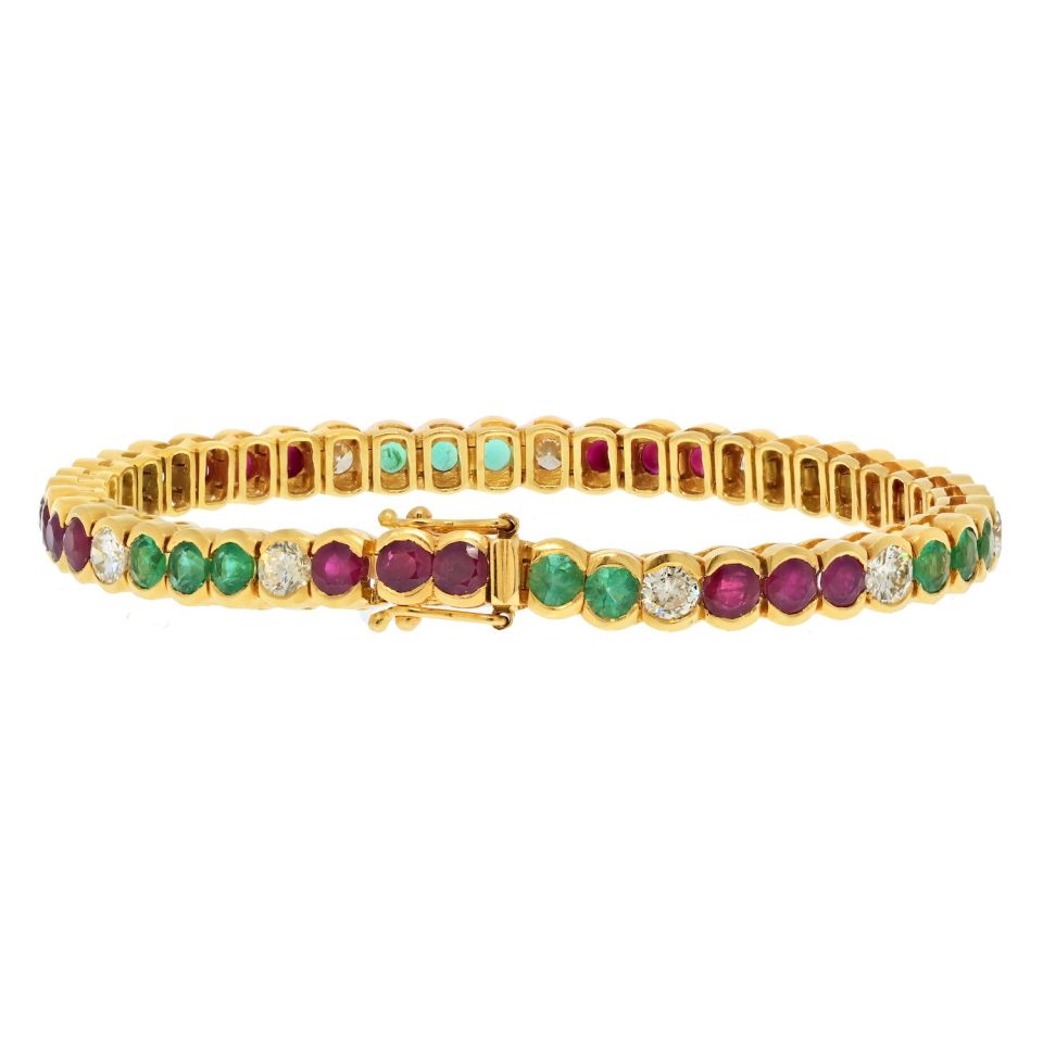 18K Yellow Gold Diamond, Emerald, Ruby Bezel Set Tennis Bracelet