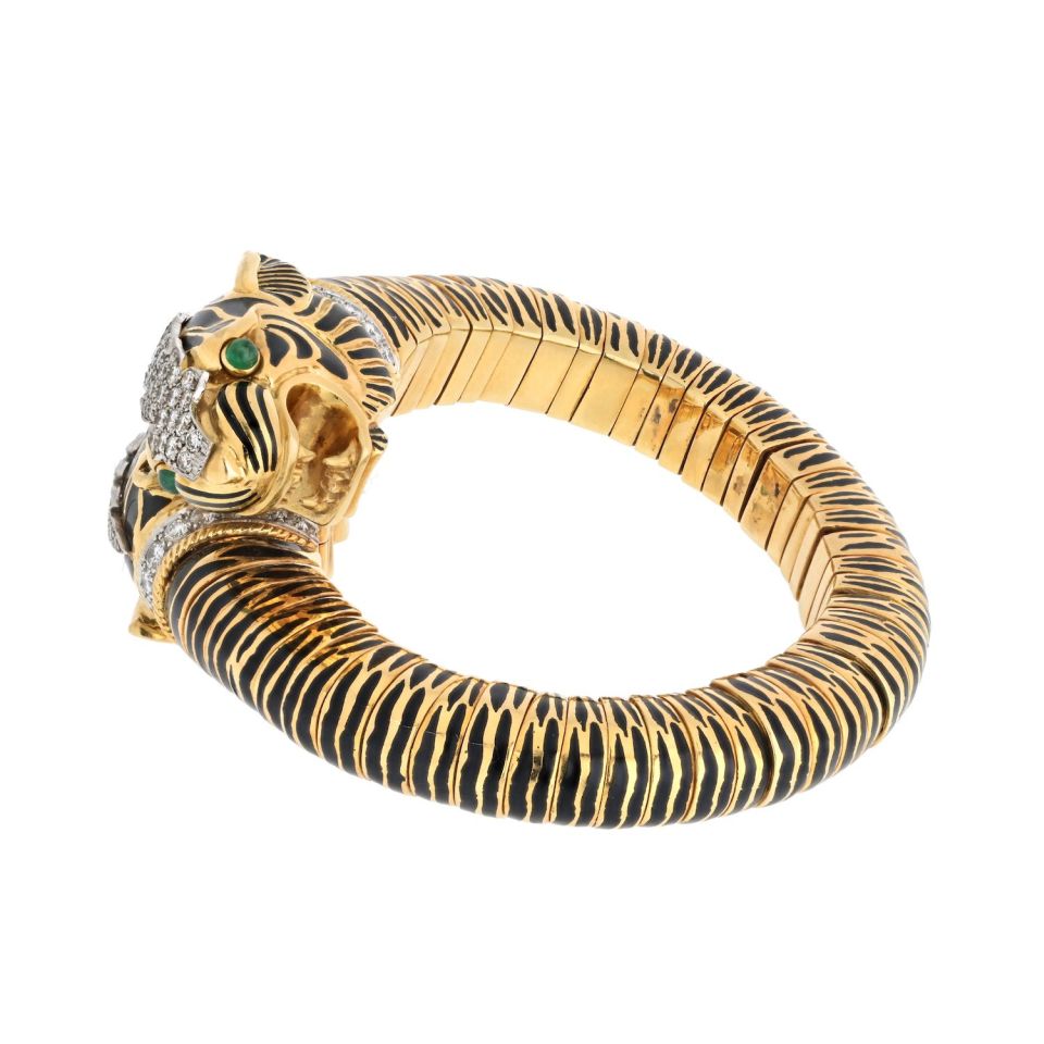 David Webb Platinum & 18K Yellow Gold Double Head Tiger Black Enamel Bracelet