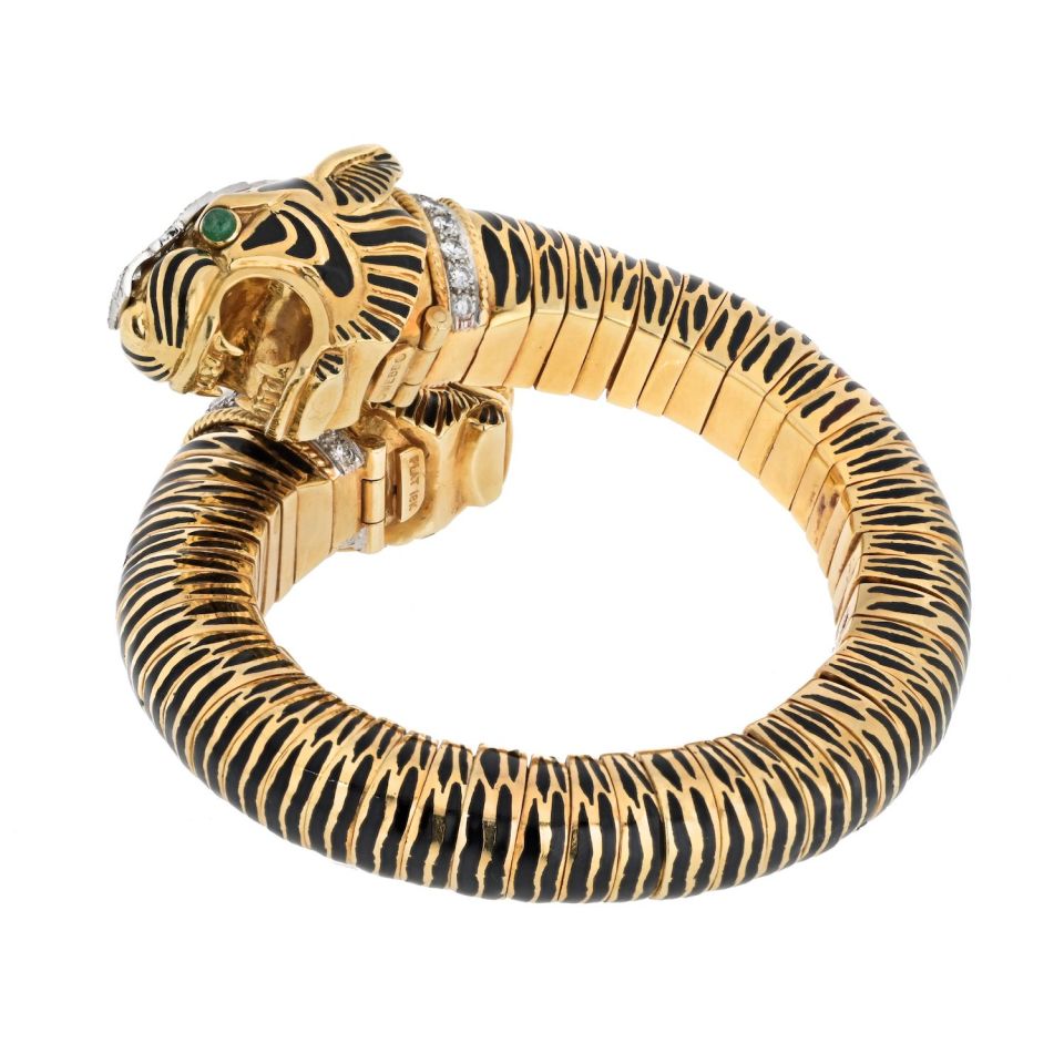 David Webb Platinum & 18K Yellow Gold Double Head Tiger Black Enamel Bracelet