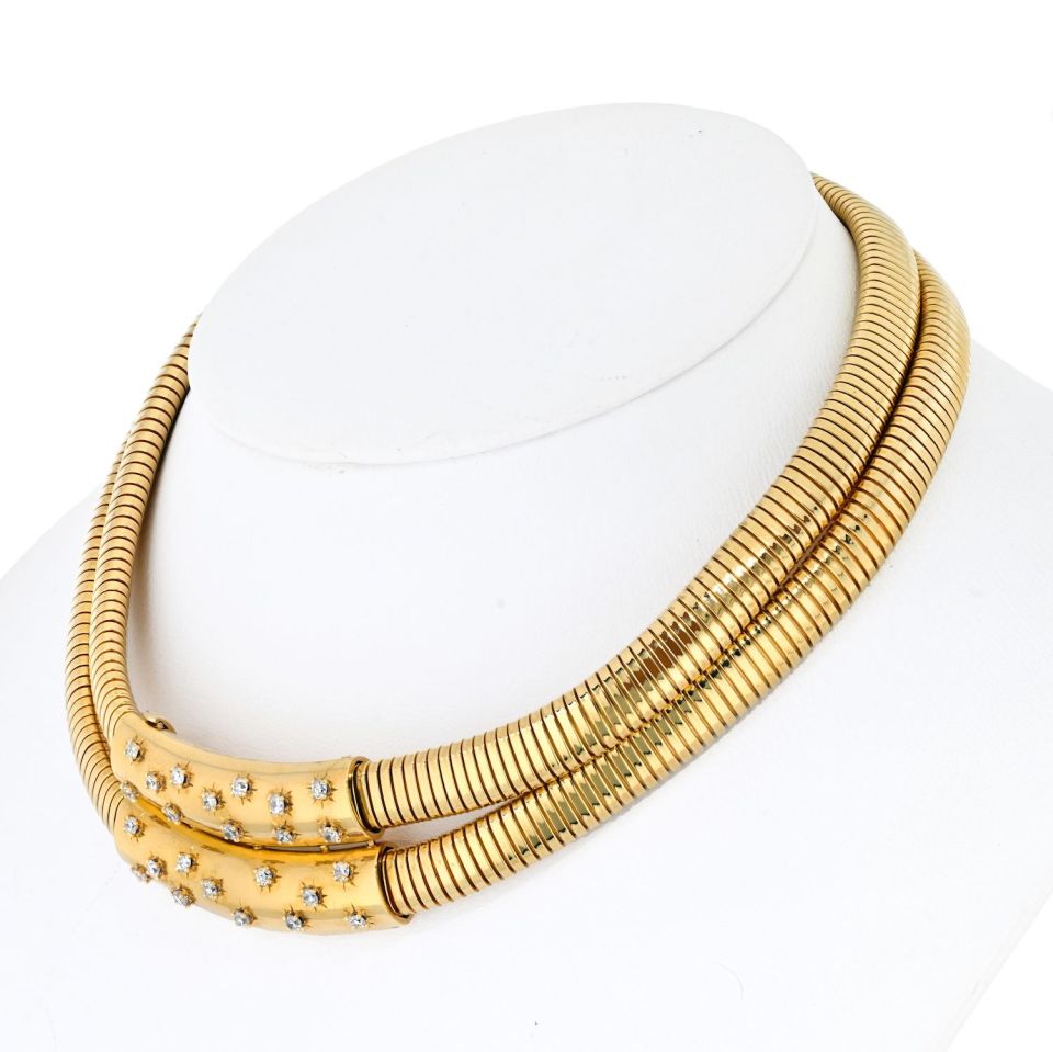 Van Cleef & Arpels Retro 18K Yellow Gold Retro Double Tubogas Two Row Choker Necklace
