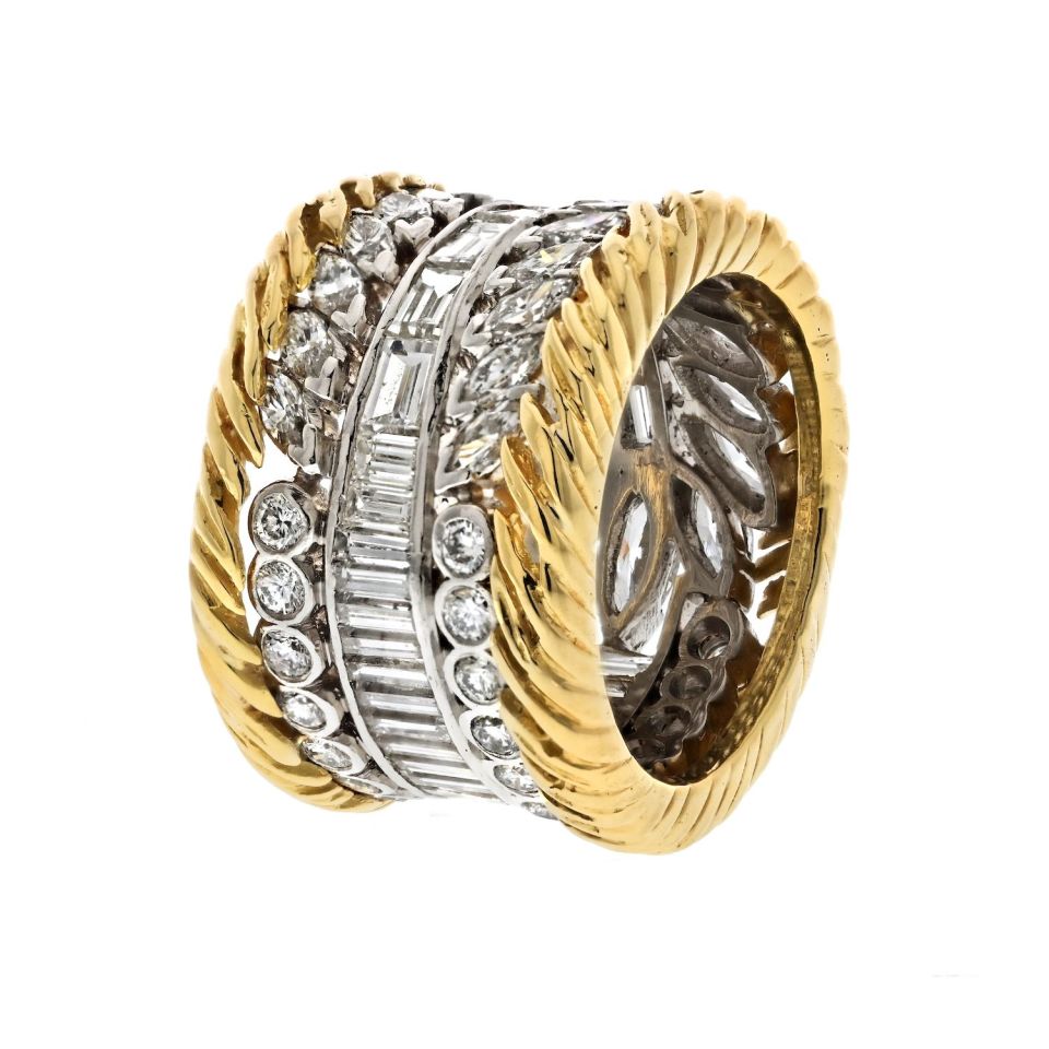 Platinum & 18K Yellow Gold 7.00cttw Multi Row Diamond Wide Cocktail Ring
