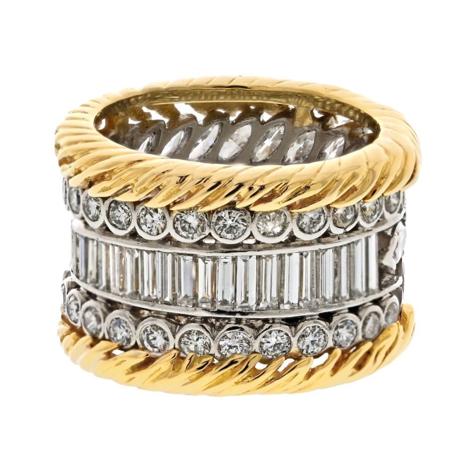 Platinum & 18K Yellow Gold 7.00cttw Multi Row Diamond Wide Cocktail Ring
