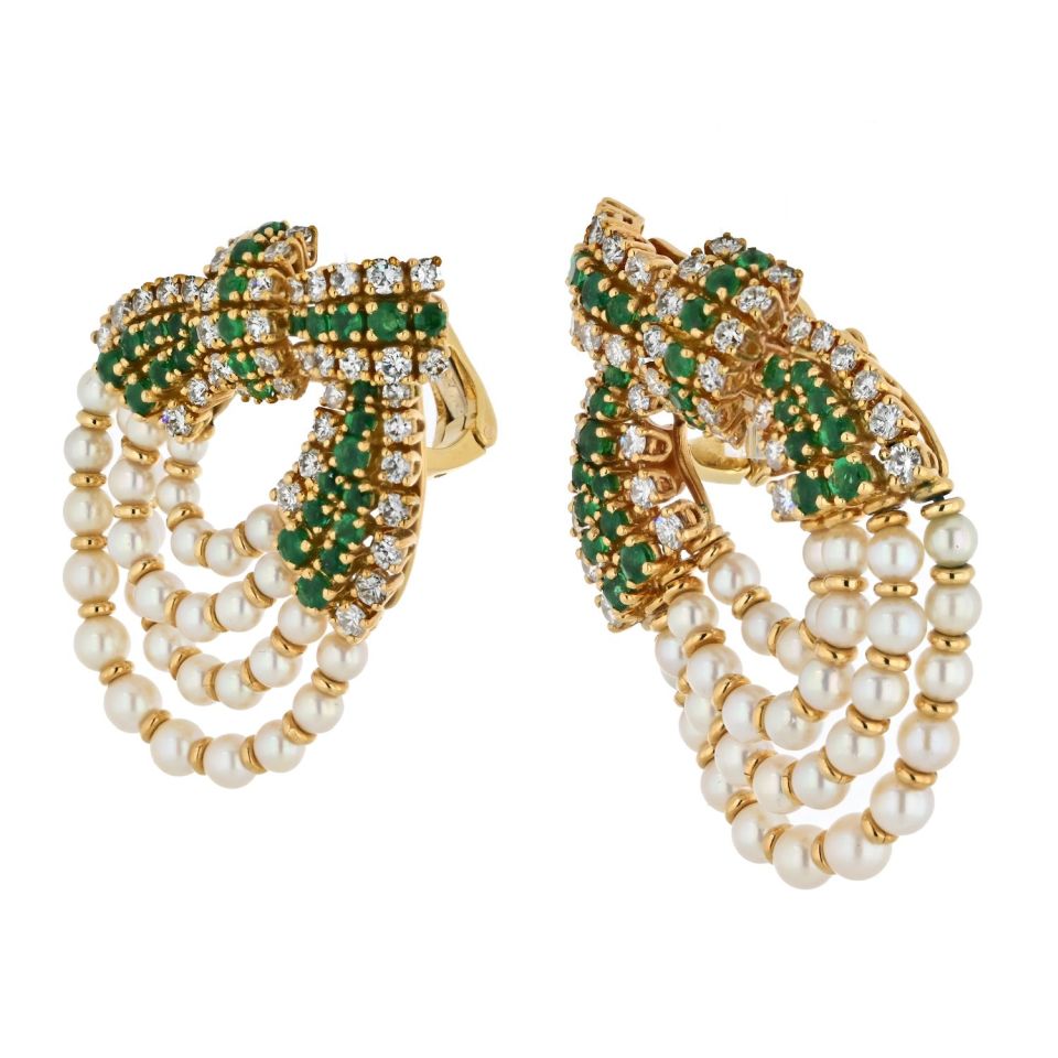 Chaumet Platinum & 18K Yellow Gold Diamond, Pearl And Green Emerald Clip Earrings