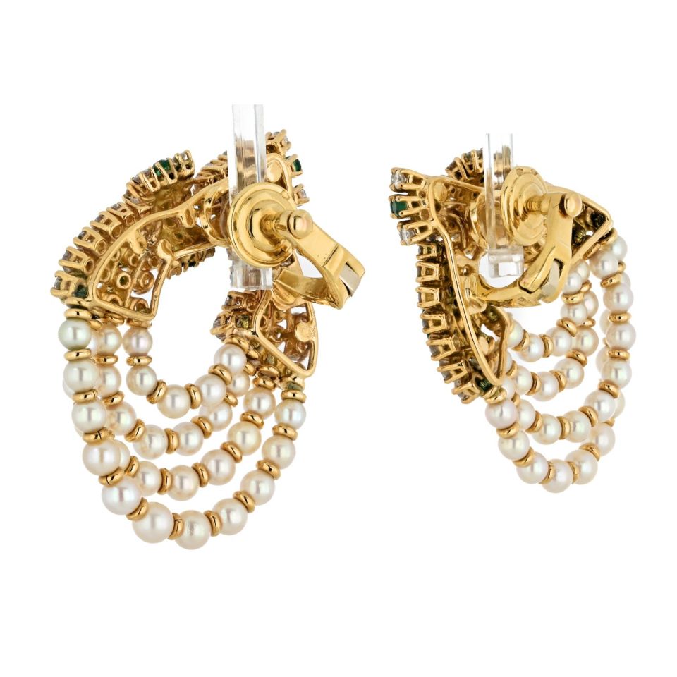 Chaumet Platinum & 18K Yellow Gold Diamond, Pearl And Green Emerald Clip Earrings