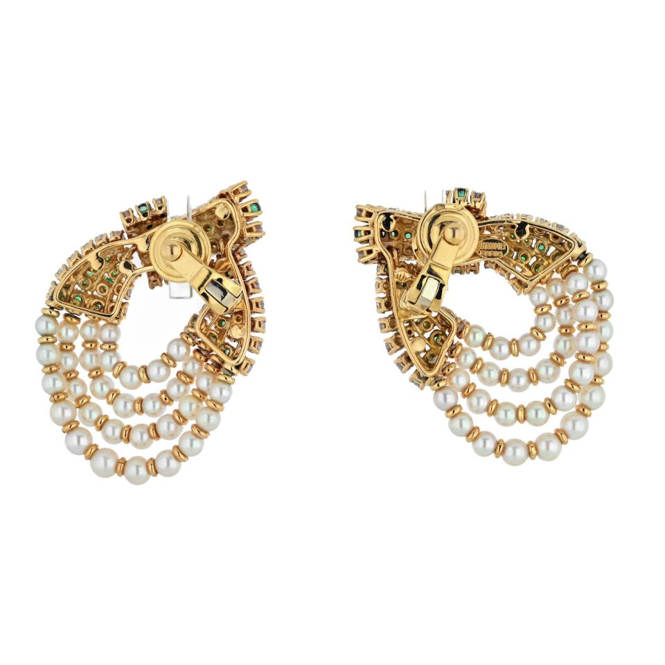 Chaumet Platinum & 18K Yellow Gold Diamond, Pearl And Green Emerald Clip Earrings