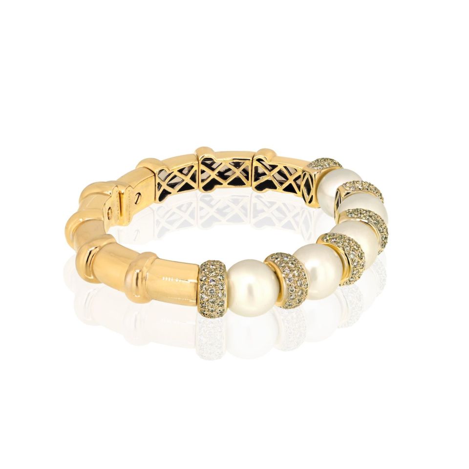 Bvlgari 18K White Gold Diamond And Pearl Cuff Bangle Bracelet