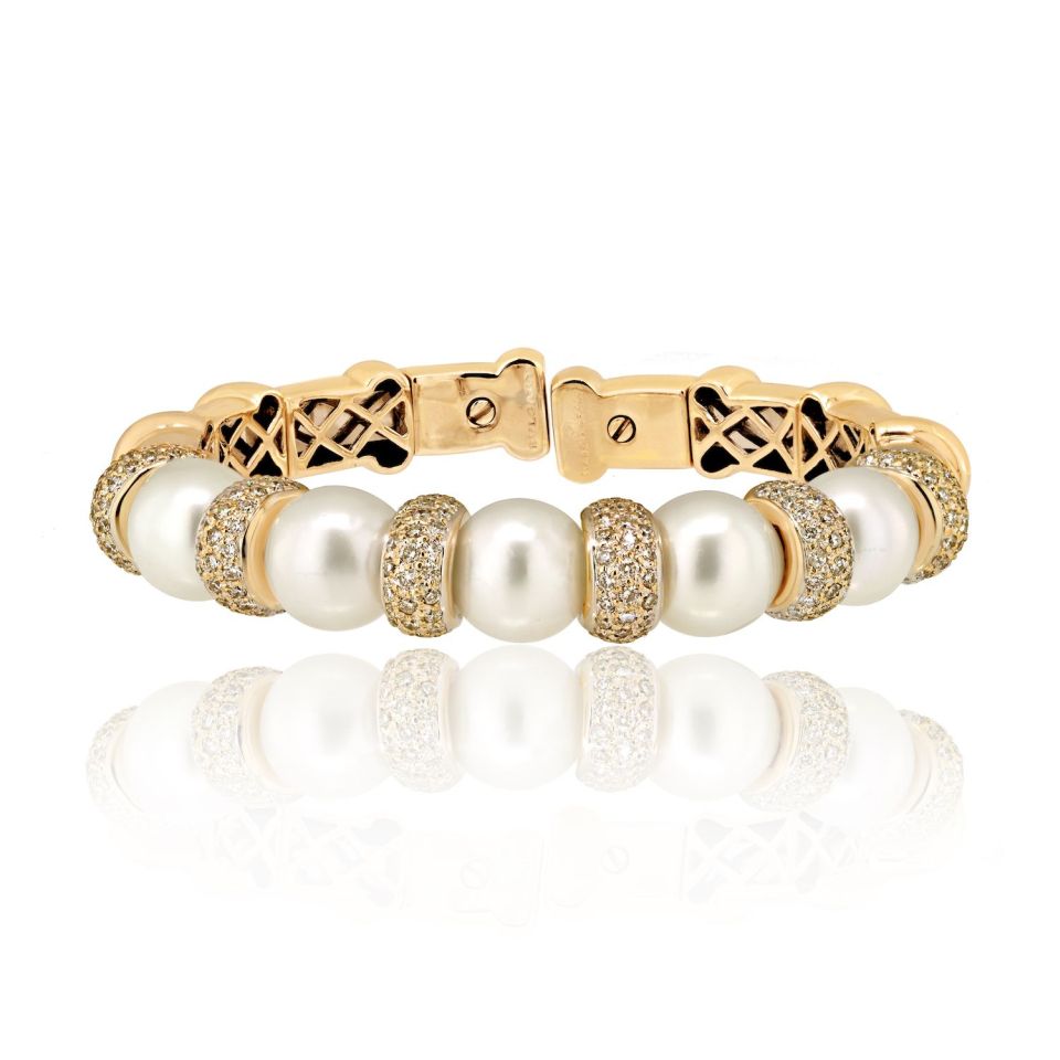 Bvlgari 18K White Gold Diamond And Pearl Cuff Bangle Bracelet