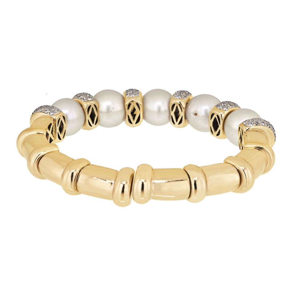 Bvlgari 18K White Gold Diamond And Pearl Cuff Bangle Bracelet