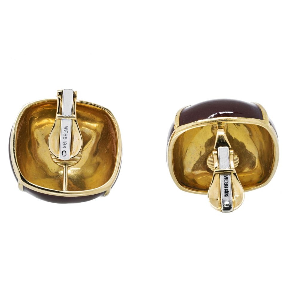David Webb Yellow Gold Large Square Cushion Brown Enamel Clip-Ons Earrings