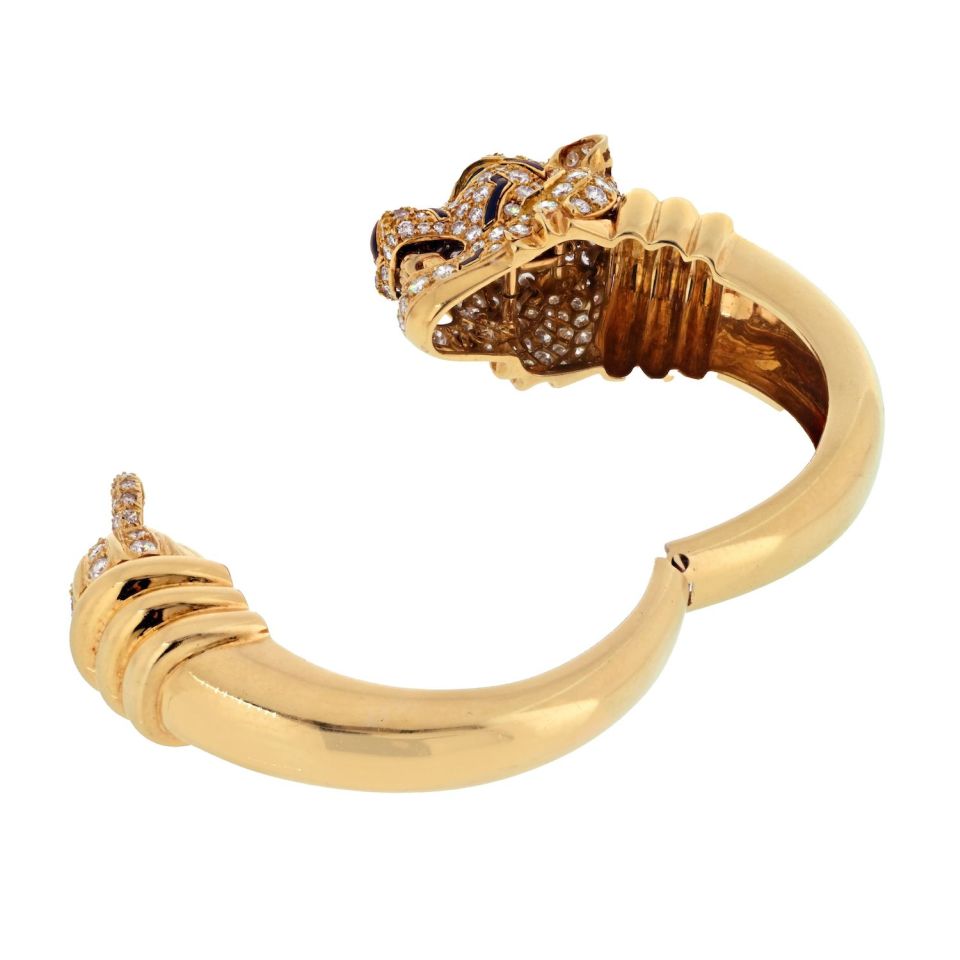David Webb Platinum & 18K Yellow Gold Tiger Diamond And Enamel Animal Bangle Bracelet