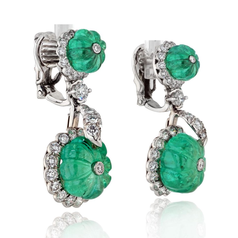 David Webb Platinum Carved Green Emerald And Diamond Drop Earrings