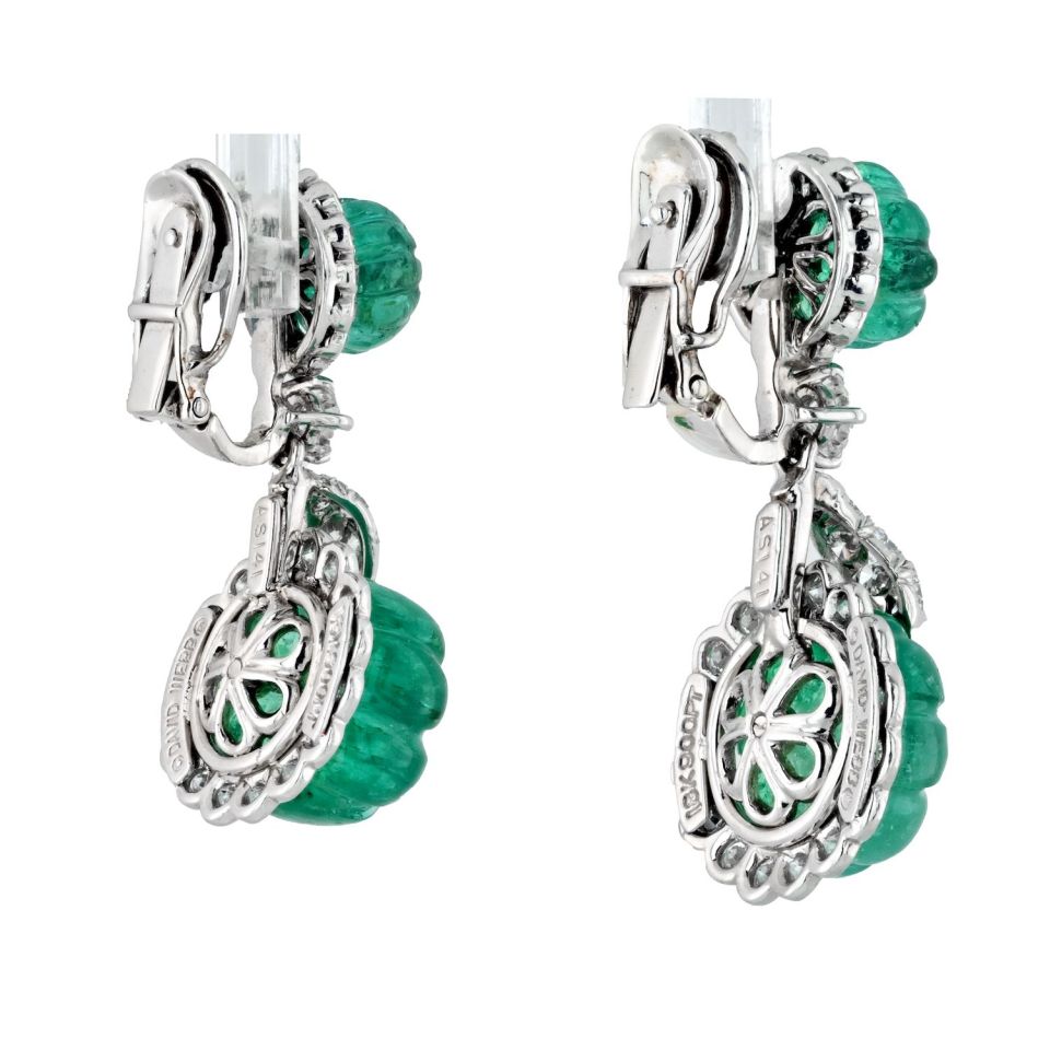 David Webb Platinum Carved Green Emerald And Diamond Drop Earrings