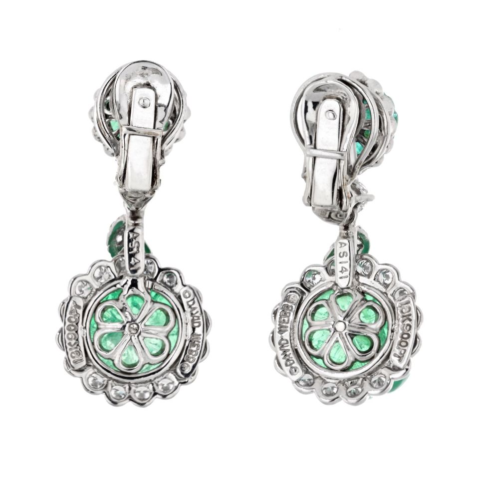David Webb Platinum Carved Green Emerald And Diamond Drop Earrings