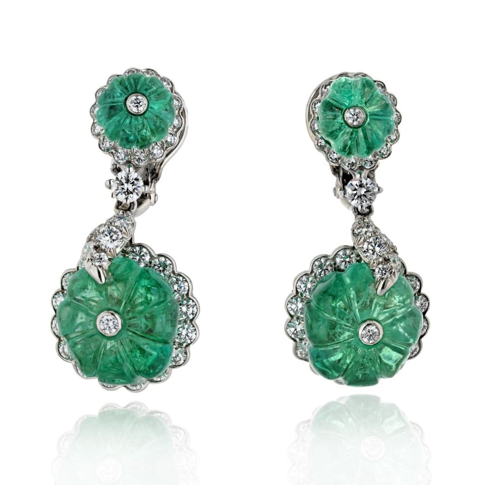 David Webb Platinum Carved Green Emerald And Diamond Drop Earrings