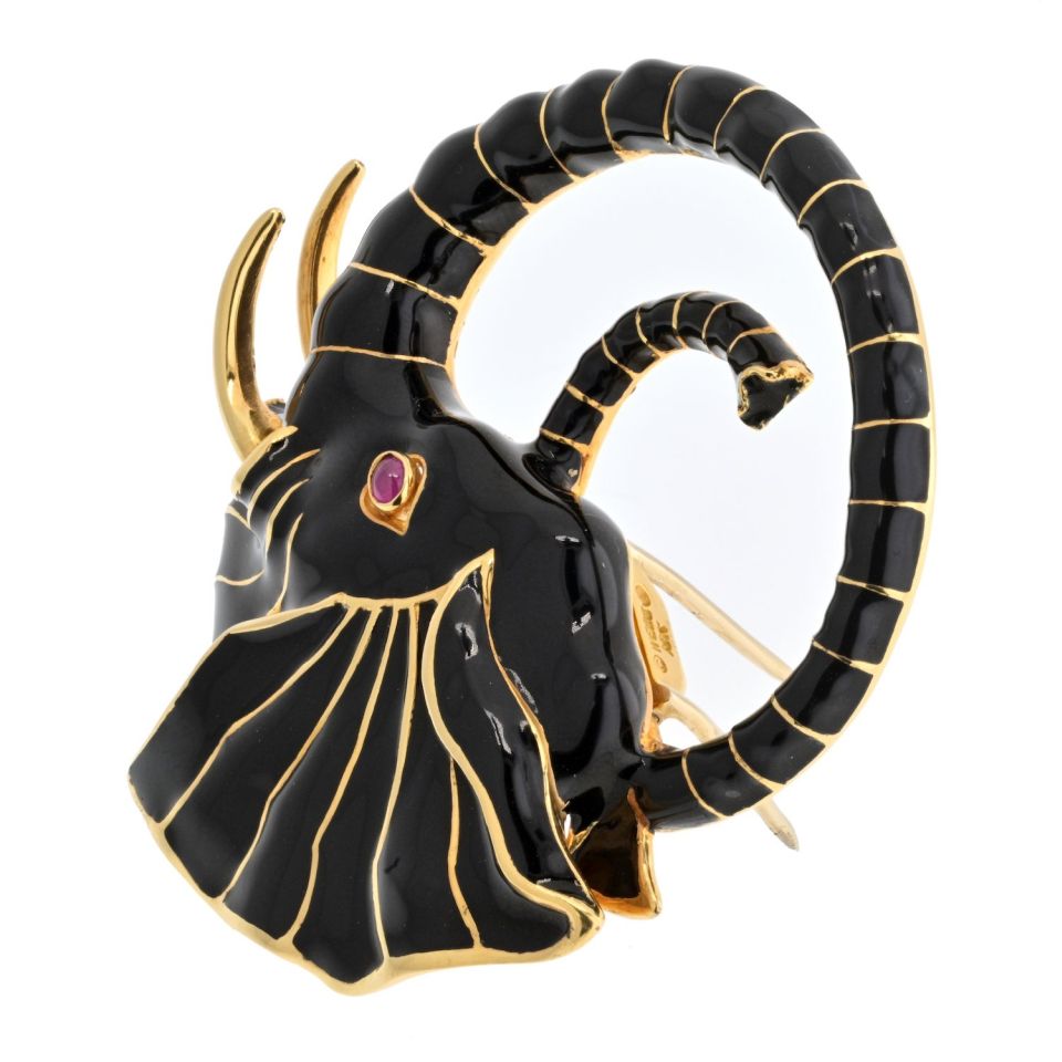David Webb Platinum & 18K Yellow Gold Black Enamel Elephant Brooch