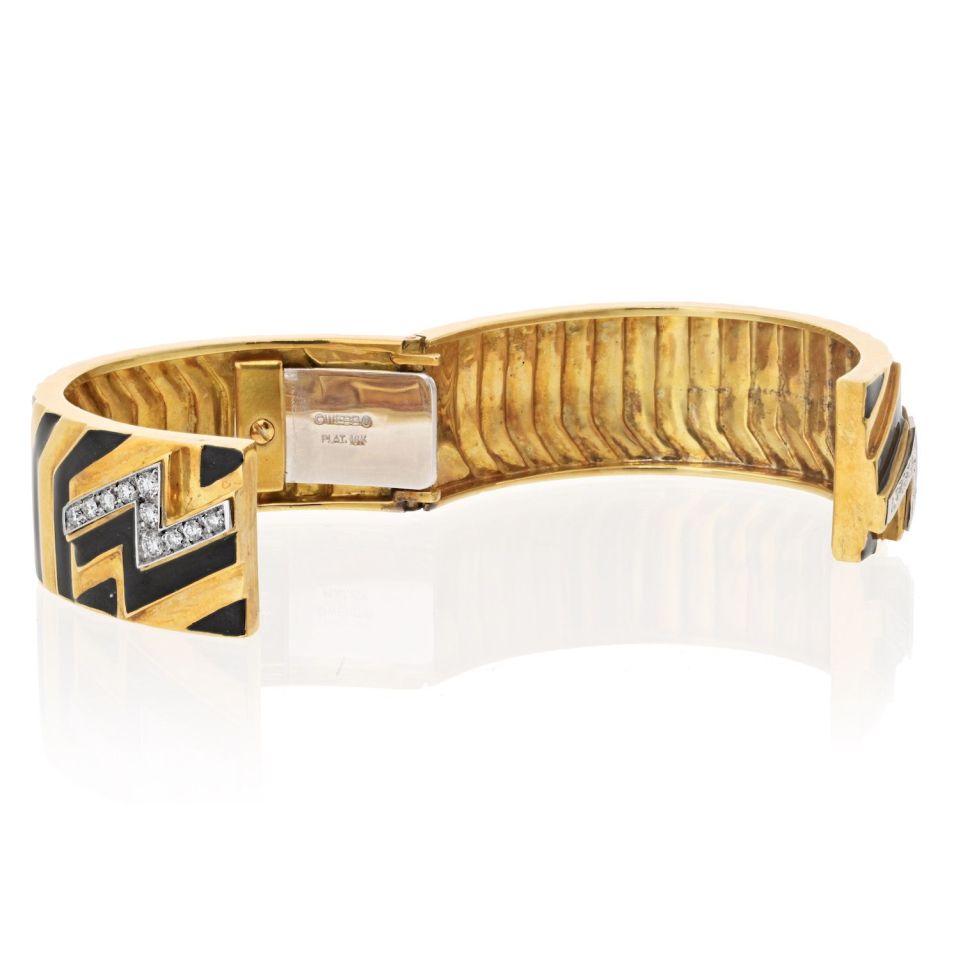 David Webb Platinum & 18K Yellow Gold Stripe Black Enamel Diamond Zig Zag Bracelet