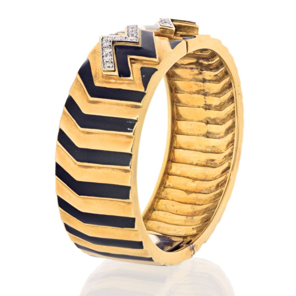 David Webb Platinum & 18K Yellow Gold Stripe Black Enamel Diamond Zig Zag Bracelet