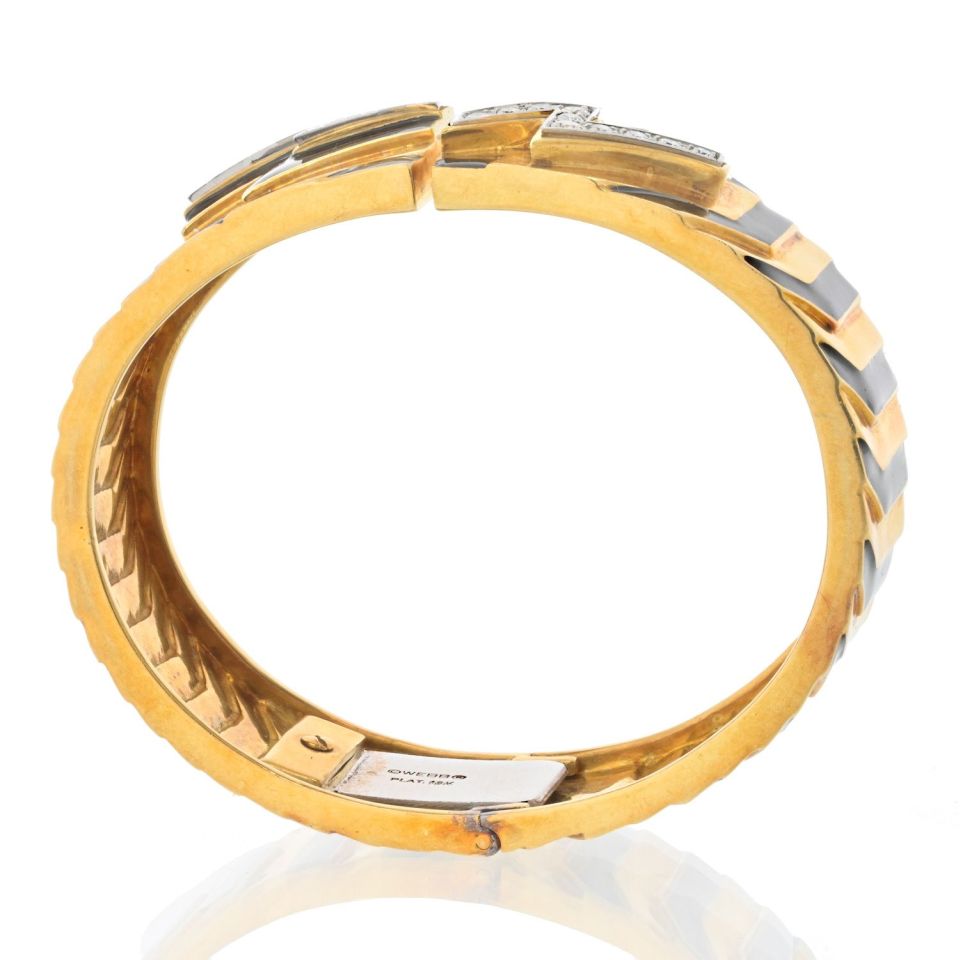 David Webb Platinum & 18K Yellow Gold Stripe Black Enamel Diamond Zig Zag Bracelet