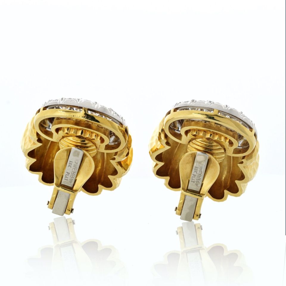 David Webb Platinum & 18K Yellow Gold Shell Motif Diamond Clip On Earrings