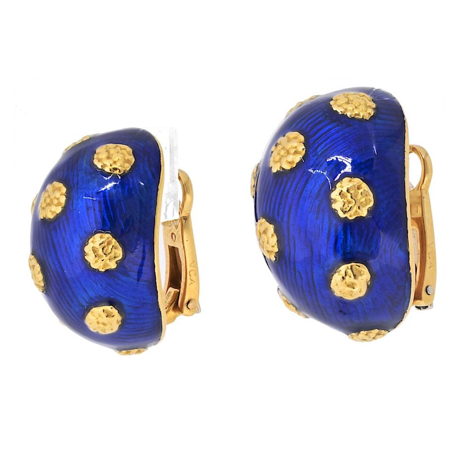 Van Cleef & Arpels 18K Yellow Gold 1970's Blue Enamel Ring And Earrings Jewelry Set