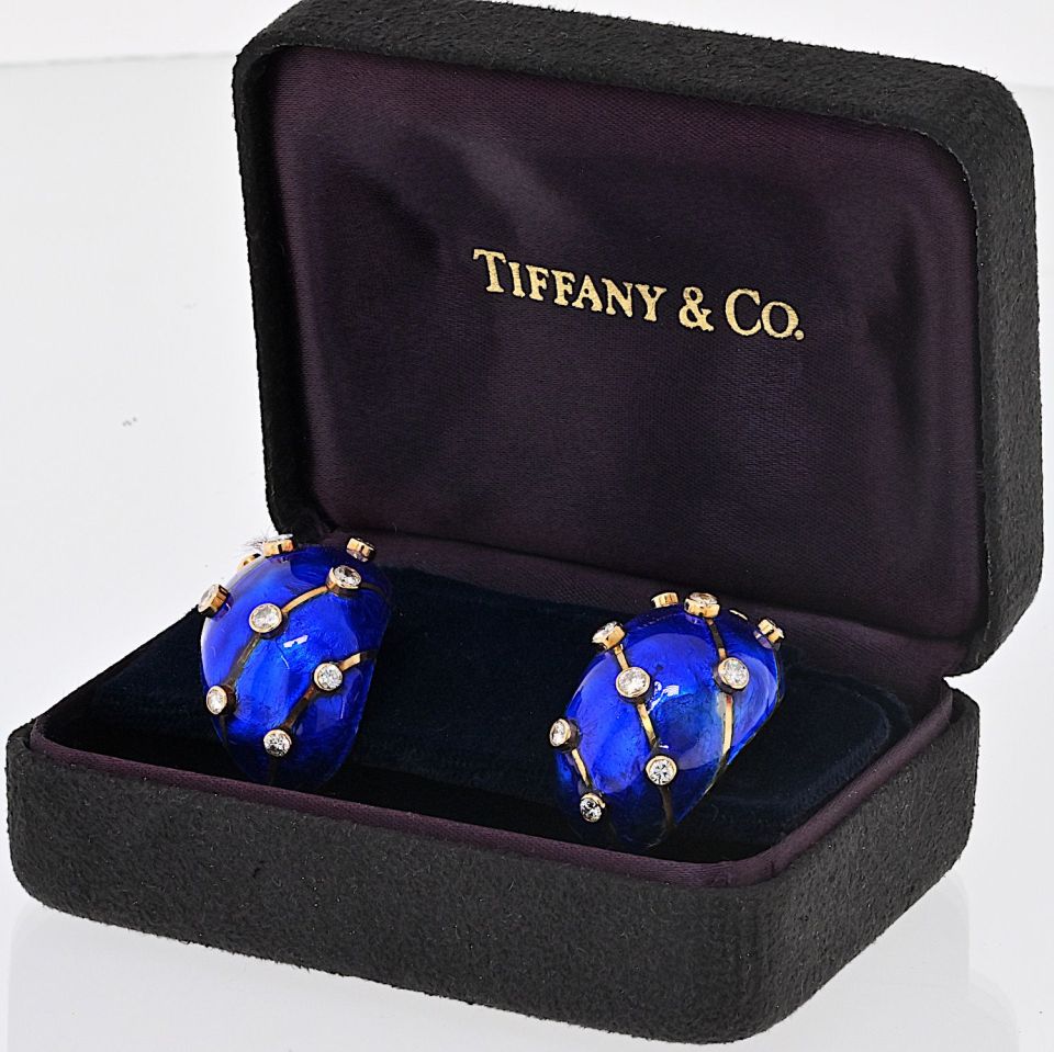 Tiffany & Co. Schlumberger Platinum & 18K Yellow Gold Blue Enamel And Diamond Earrings