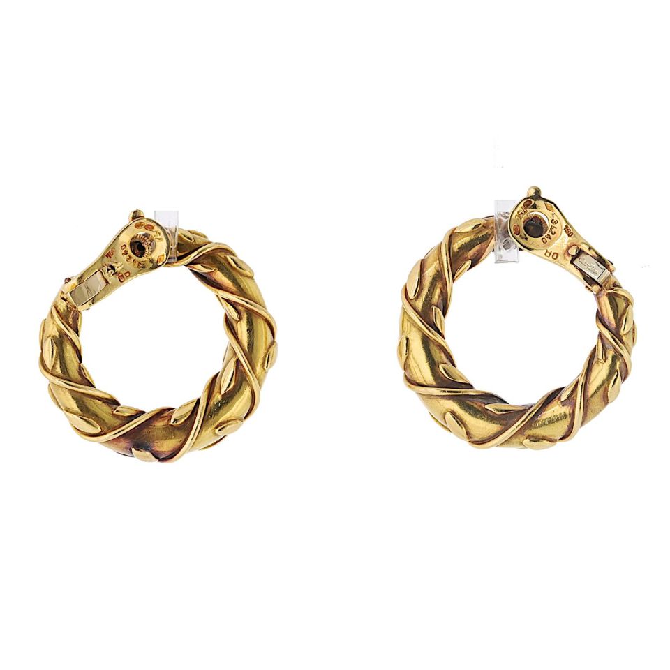 Vintage 18K Yellow Gold Vine Front Facing Hoop Earrings