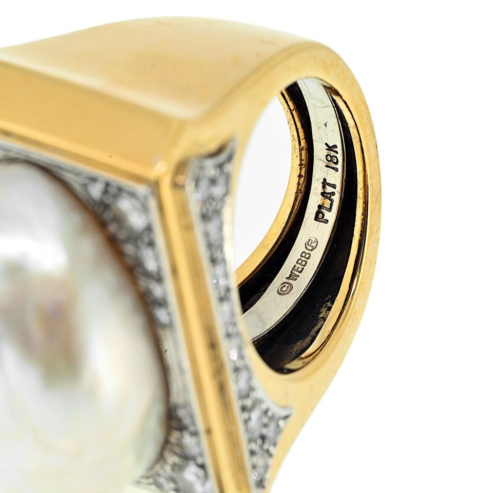 David Webb Platinum & 18K Yellow Gold Baroque Pearl Diamond Ring