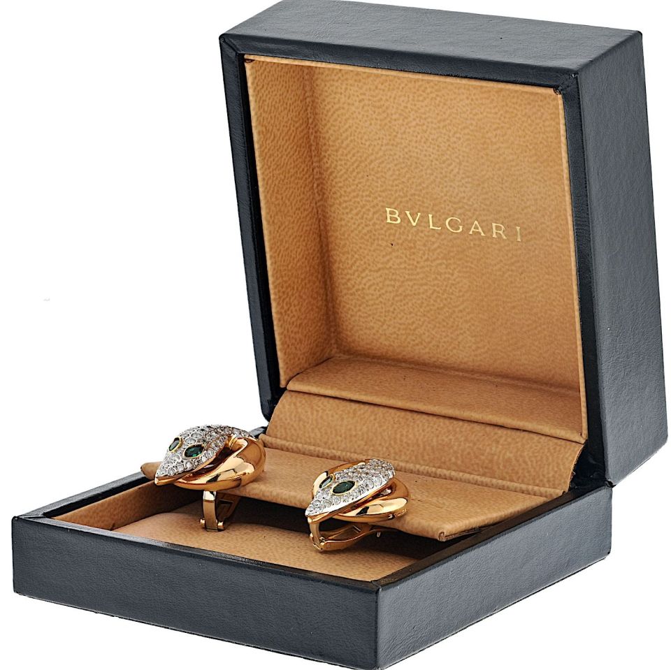 Bvlgari 18K Rose Gold Serpent Diamond And Emerald Earrings